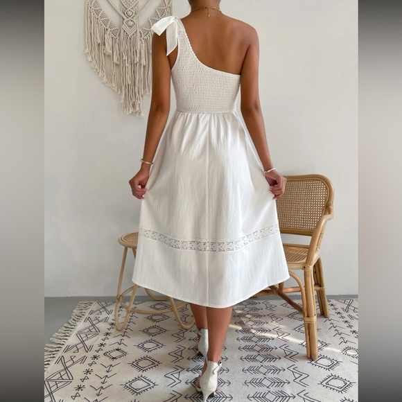 Boho tie one shoulder shoulder shirred lace insert dress - Picture 10 of 16